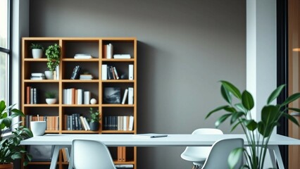A zoom background photo of a minimalist modern office with a bookshelf and plants
