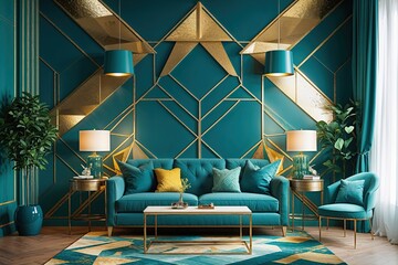 Luxurious Teal and Gold Geometric Tapestry for Elegant Home Decor and Interior Design