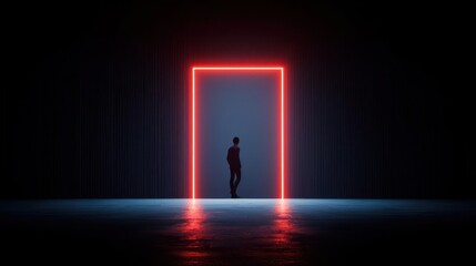 Red Neon Portal In Dark Interior