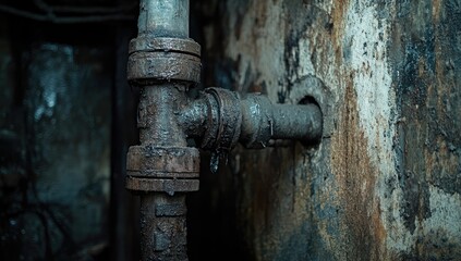 Rusty, Corroded Plumbing Pipe Joint Exposed in a Damp, Dark Basement or Crawl Space