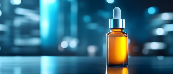 A close-up of an amber glass dropper bottle against a blurred blue background, ideal for wellness and beauty themes.