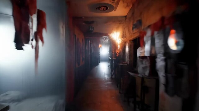 Eerie Haunted Attraction Maze with Scary Figures, eerie skeletons, creepy skulls and Gloomy Atmosphere. Concept of Halloween Frights, Spine-Chilling Horror, Dark Entertainment, Fear Exploration