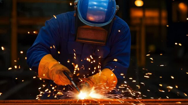 Skilled welder in action: sparks and smoke illuminate industrial workshop