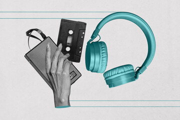 Trend artwork banner sketch photo collage of headphones listen music radio cassette hand hold night carefree event nightclub entertainment