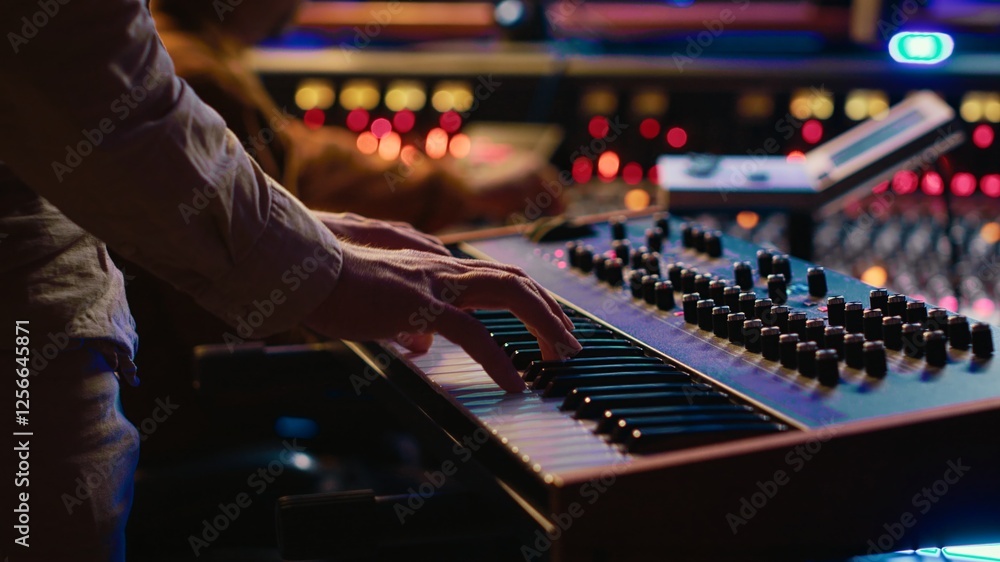 Aufkleber Skilled artist playing piano electronic keyboard in control room, recording new tracks with midi controller and mixing console. Young musician practicing on synthesizer in record studio. Camera A.