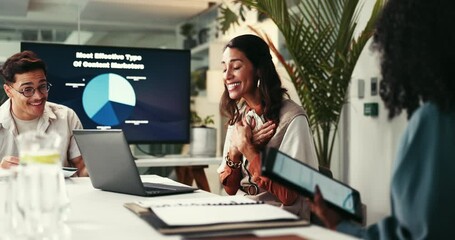Business people, laptop and applause in meeting, celebration and feedback for project. Employees, achievement or group in office, pc and promotion with review, cooperation or productivity with smile