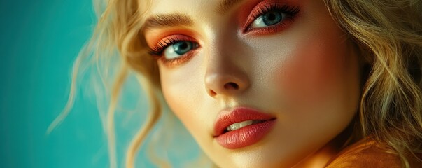 Fototapeta premium Close-up of young caucasian female with vibrant makeup and blonde hair