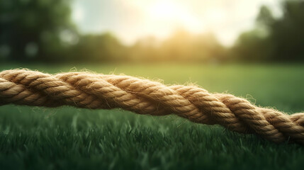 A close-up of a twisted rope on vibrant grass, illuminated by a warm sunset, creating an inviting outdoor atmosphere.