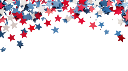Red, white and blue confetti stars falling on transparent background