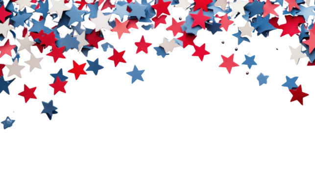 Red, white and blue confetti stars falling on transparent background - Powered by Adobe