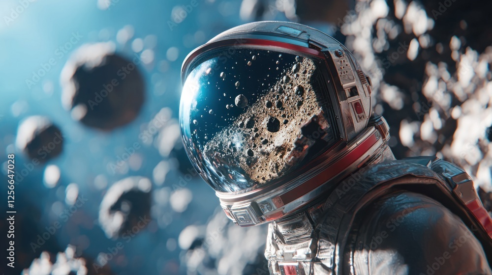 Poster astronaut in space with asteroids and cosmic background