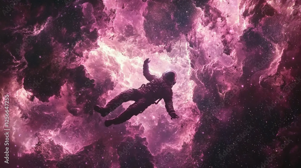 Poster astronaut floating in colorful nebula in outer space background