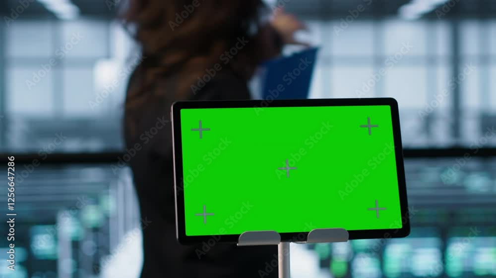 Poster focus on chroma key device in front of data center technicians analyzing metrics. close up of isolat