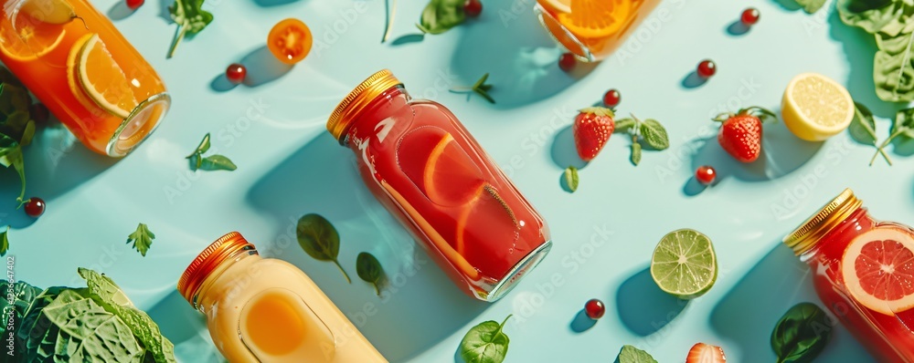 Poster several bottles with freshly made colorful healthy detox smoothies are lying on blue background with