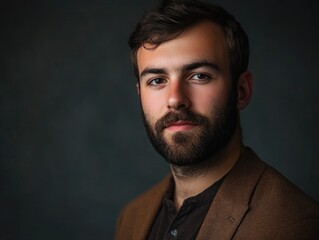 Obraz premium Portrait of a Thoughtful Young Man with a Beard Against Dark Backdrop