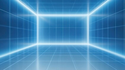 Abstract Blue Room with Grid Lines and Glowing Edges