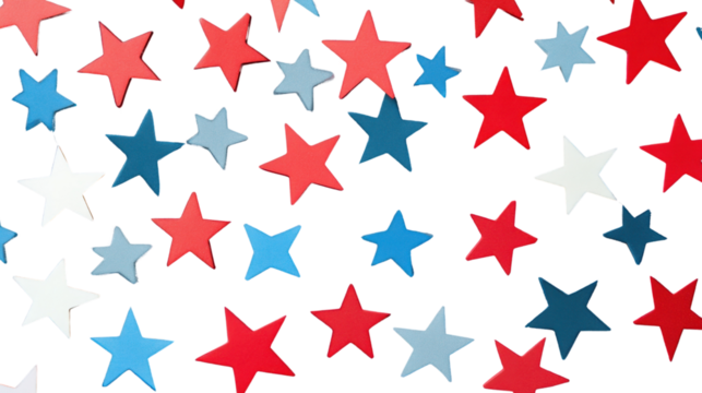 Red white and blue stars falling on transparent background