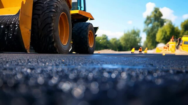 Vibrant closeup of asphalt roller compactor in action on freshly paved roadway