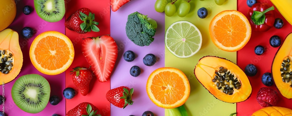 Poster fresh fruits and vegetables displayed on a vibrant background