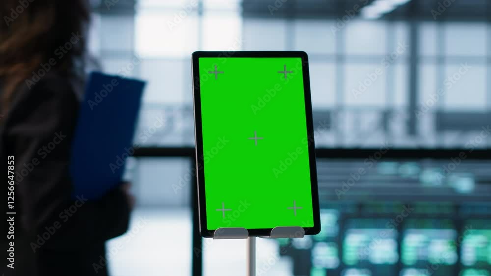 Poster isolated screen mockup tablet in front of technicians in blurry background working in server farm, a