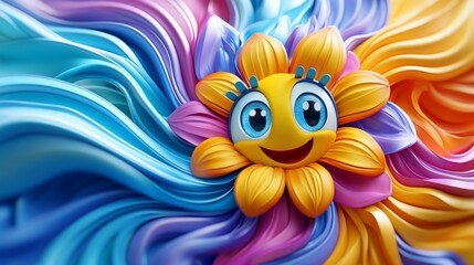 Naklejka premium Colorful animated flower character smiling amidst vibrant swirling colors in a cheerful scene