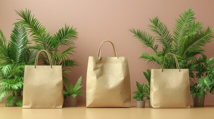 Collection of Eco-Friendly Brown Paper Bags Displayed Among Lush Green Plants on a Subtle Brown Background, Perfect for Packaging Ideas and Sustainable Shopping Concepts