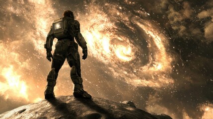 Fototapeta premium Astronaut Gazing at Spiral Galaxy in Cosmic Landscape