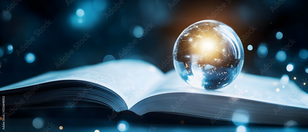 Poster a crystal ball resting on an open book, symbolizing knowledge and exploration of the world.