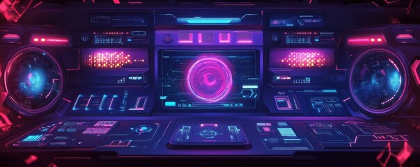 Fototapeta premium Futuristic control panel with neon lights and holographic displays