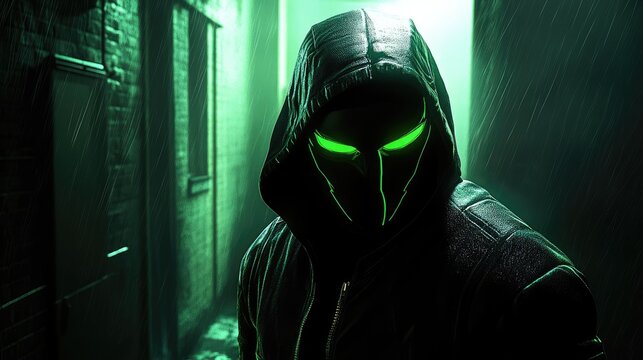 Neon Masked Figure in Dark Alleyway Under Rainy Conditions Night Scene - Powered by Adobe