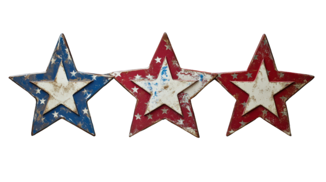 Three worn metallic stars showing usa flag colors on transparent background