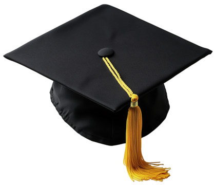 Black graduation cap with a gold tassel, transparent background (PNG)