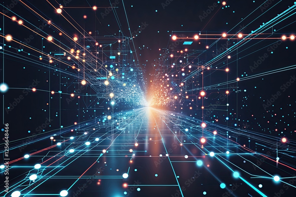 Poster exploring digital connectivity through technology and data mapping with lines and dots