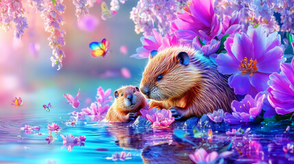 Beavers in serene pond surrounded by vibrant flowers and butterflies, showcasing tender moment between parent and child. colorful scene evokes sense of tranquility and connection