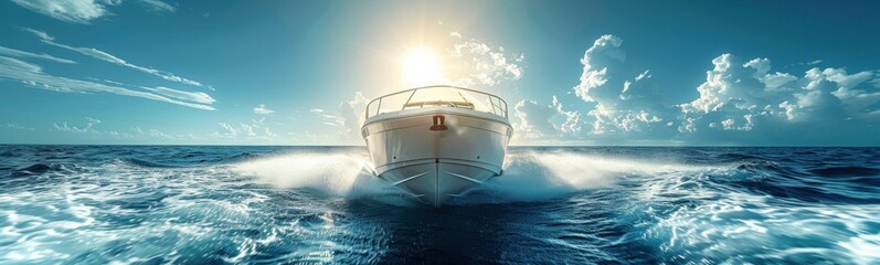 Motor boat sailing in the ocean sun shining through the clouds serene seascape travel agency adventure tours vacation cruises