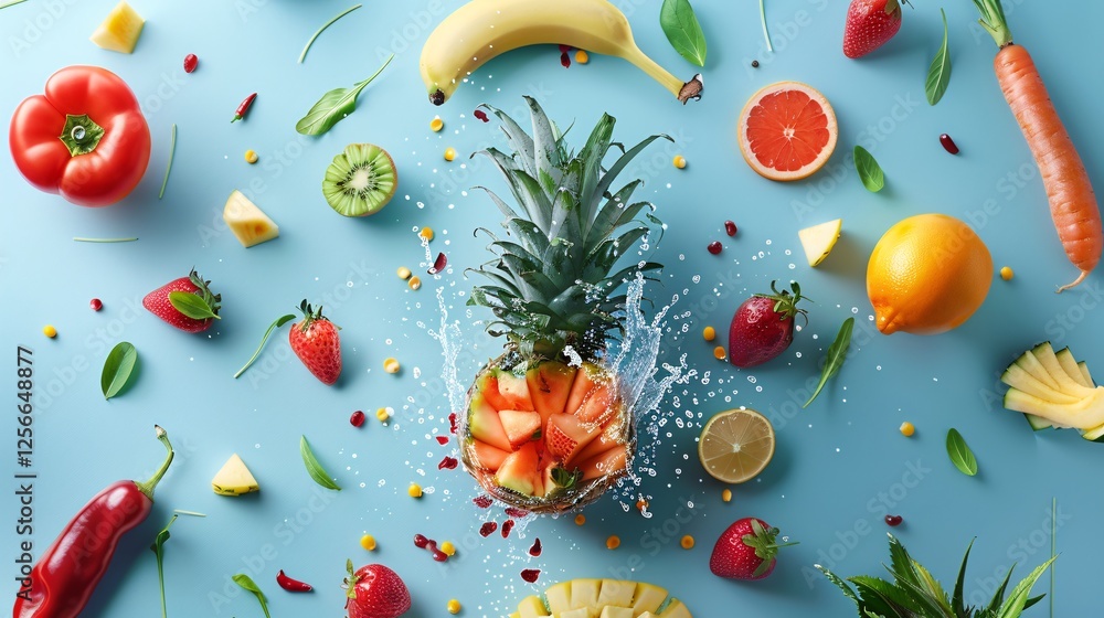 Poster Variety of colorful fruits and vegetables surrounding an exploding pineapple with water splash on a blue background