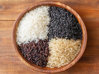 Overhead shot of a wooden bowl filled with mixed rice varieties. Featuring white, brown, and black rice. Emphasizing diversity and nutrition. Ideal for health and diet content.