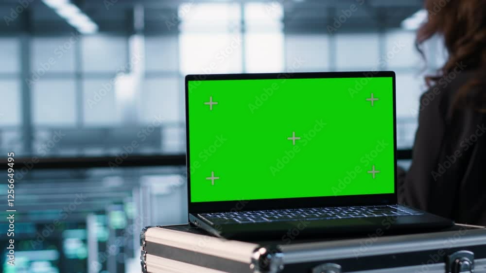 Poster green screen laptop in front of data center engineers in blurry background calibrating energy usage,