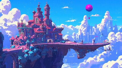Obraz premium Dreamy Fantasy Landscape with Colorful Castle and Air Balloon