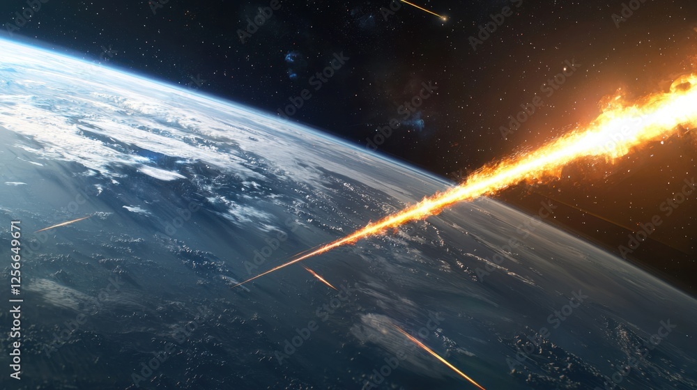 Poster meteor shower over earth in deep space with fiery trails of light