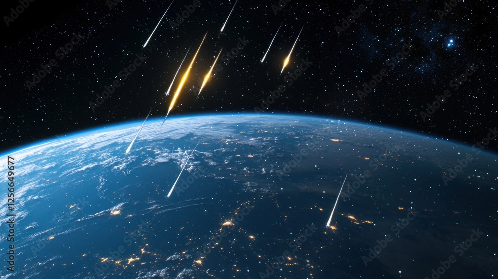 Poster stunning view of earth with multiple meteor showers in space