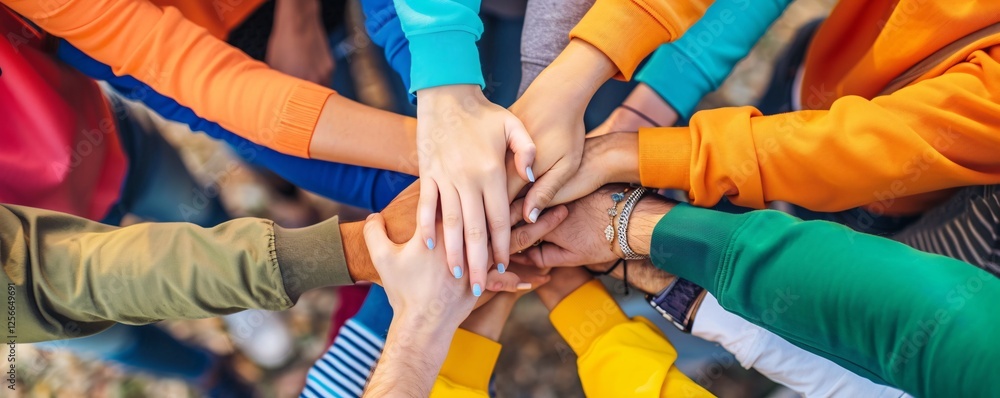 Poster group of creative people joining hands, symbolizing unity and teamwork