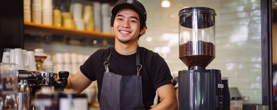 Smiling asian young male barista in coffee shop with coffee grinder