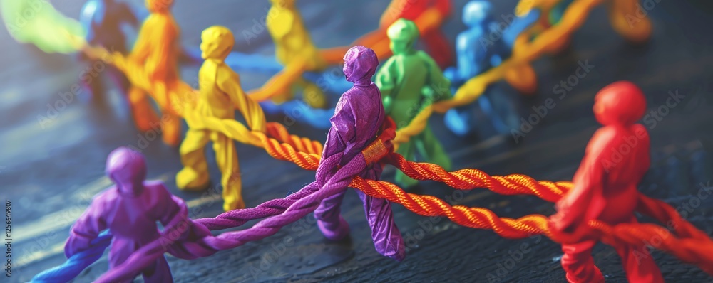 Poster colorful team pulling different ropes and working together for common goal