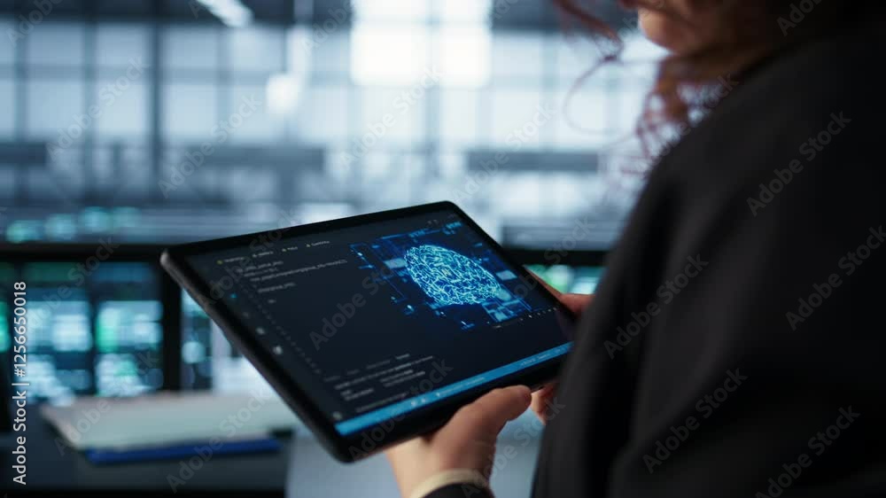 Poster data center technician using artificial intelligence on tablet to prevent vulnerabilities. employee 