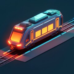 Futuristic train on tracks, low-poly style, vibrant neon lights.