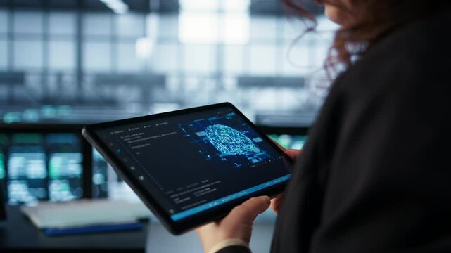 Data center technician using artificial intelligence on tablet to prevent vulnerabilities. Employee using device to review firewall rules, enforcing AI cybersecurity protocols, camera B close up