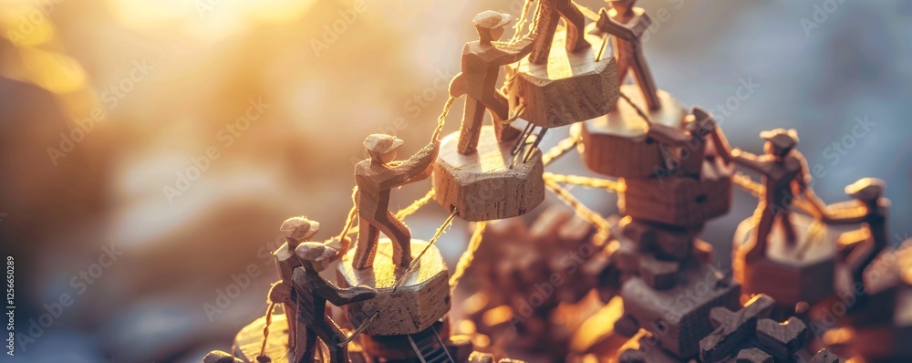 Poster tiny figurine workers working together to construct a bridge through teamwork and collaboration
