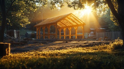 Rustic Wooden Structure Under Soft Sunrise Glow
