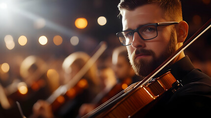 Fototapeta premium A focused musician playing the violin in an orchestra, surrounded by soft lights and a captivated audience.